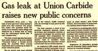 Wire service stories on Union Carbide’s August 1985 gas leak in West Virginia appeared in various U.S. newspapers.