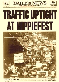 Headlines from the New York Daily News of August 14, 1969, tell of a Woodstock-generated traffic nightmare.