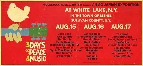 One of the posters for the “Woodstock Music & Art Fair,” this one identifying some of the scheduled acts to appear at the festival during the three-day, August 15-17, 1969 event. Click for 2-CD set of “Music From The Original Soundtrack”.