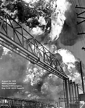 August 1955: Photo of Whiting fire taken from inside the refinery, it appears, by a firefighting unit, according to photo's notation.