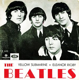 Beatles on the cover of the 1966 Swedish edition of the “Yellow Submarine” / “Eleanor Rigby” single, 1966.