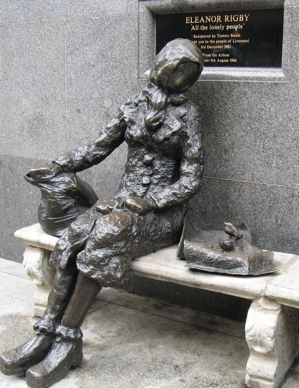 Sculpture in Liverpool, England offered in 1982 in homage to the Beatles’ song, “Eleanor Rigby” and the lyric therein, 'All the lonely people / Where do they all come from.' Sculptor, Tommy Steele.