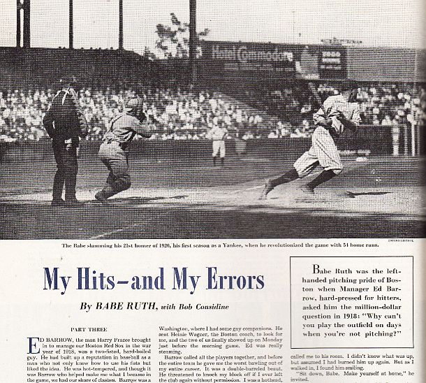 Sample page from the Saturday Evening Post series on “The Babe Ruth Story,” showing a young Ruth sprinting from the batters’ box on the occasion of his 21st Yankee home run in 1920, a year he hit 54 HRs, changing the game thereafter.