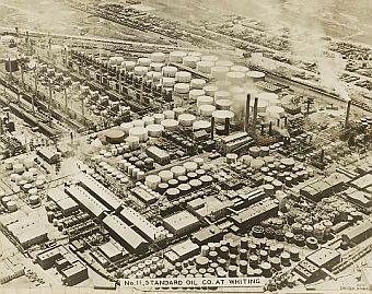 Aerial view of refinery grounds, processing equipment and storage tanks covering some 1,600 acres at Whiting, Indiana.