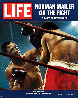 March 16th, 1971 edition of Life magazine with cover photo and feature story on the historic Joe Frazier (L) -Muhammad Ali (R) fight. Photo taken by Frank Sinatra. Click for copy.