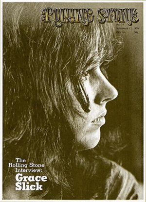 Jefferson Airplane’s Grace Slick on cover of Rolling Stone, 12 November 1970, featured in interview. Click for copy.