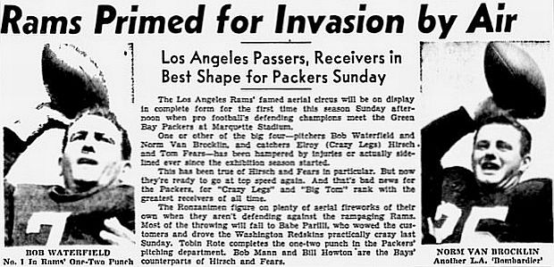 Headlines from a later 1952 newspaper story featuring the Los Angles Rams “tandem QB” team of Bob Waterfield and Norm Van Brocklin, in this case, prior to a game with the Green Bay Packers.