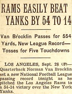 Sept 1951: New York Times headlines report on Norm Van Brocklin’s passing feat.