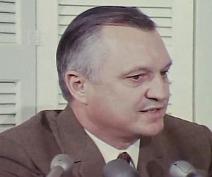 October 1969: U.S. Interior Secretary, Walter Hickel, shown at press conference as filmed by KPIX-TV Eyewitness News, San Francisco, CA.