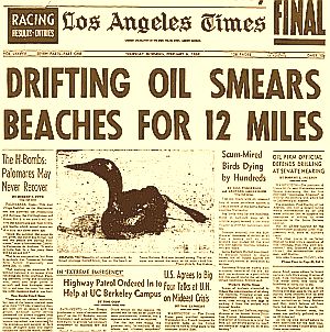Feb. 6, 1969:  Front-page headlines from the Los Angeles Times on about the 10th day of the Santa Barbara oil spill.