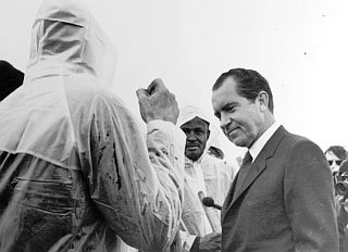 March 21, 1969: President Richard Nixon greeting oil spill workers cleaning up the beaches in Santa Barbara.
