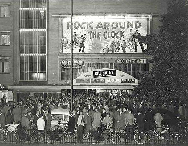 September 1956: Theater crowd scene in Amsterdam at the screening of the film, “Rock Around The Clock,” featuring pioneering rock ‘n roll act, Bill Haley and His Comets and their hit song “Rock Around The Clock.”