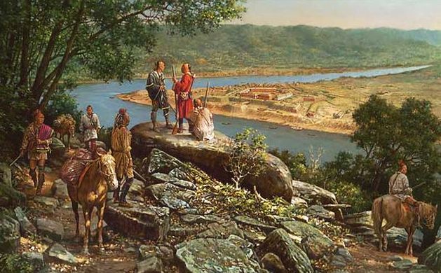 Early artist’s depiction showing Native Americans overlooking “the forks” area with fortification that would become modern-day Pittsburgh, with the Monongahela River in foreground and Allegheny River beyond (together forming at far left, but not shown, the Ohio River). This painting captures the region’s rugged wilderness character at about the 1750s.