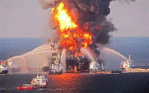 The now-famous photo of BP’s burning Deepwater Horizon offshore oil rig  in the Gulf of Mexico that killed 11 workers and gushed  oil from a sea-bed well for nearly 3 months.