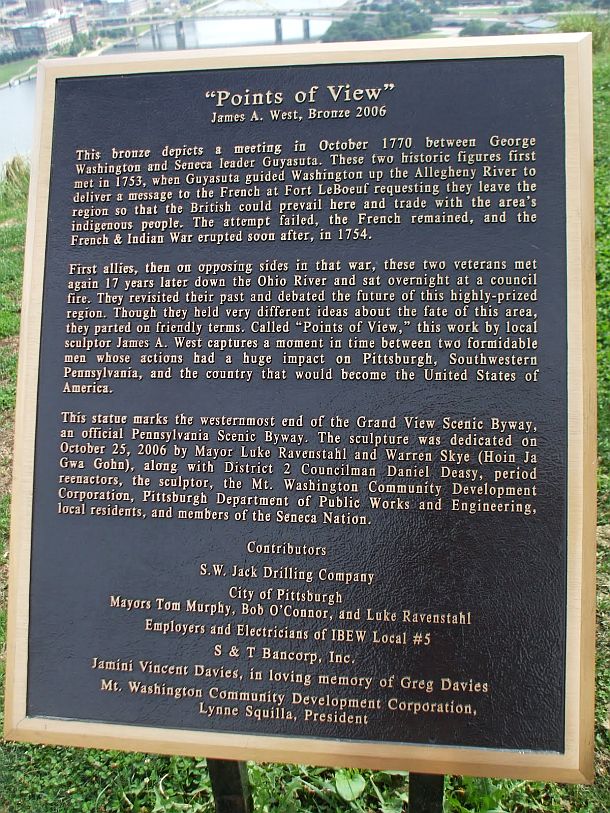 Explanatory marker at the Guyasuta-George Washington sculpture on Mt. Washington, Pittsburgh, Pennsylvania. This marker uses 'Points of View' to describe the Washington-Guyasuta meeting, although the sculpture was earlier named 'Point of View'.