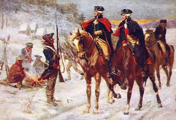 Reproduction of 1907 painting by John Ward Dunsmore, “Washington and Lafayette at Valley Forge,” depicting the winter encampment of Washington's troops in 1777 ( Brown & Bigelow, St. Paul and Toronto).  Click for related book.