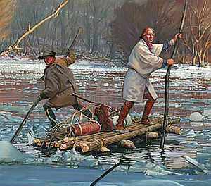 A portion of the John Buxton painting, “Washington's Crossing,” depicting Washington & his guide, Christopher Gist, on the icy Allegheny River, 1753. Click for related book.