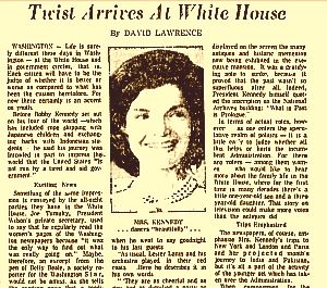 February 1962: One of the newspaper stories reporting on Jackie Kennedy and ‘The Twist’ at the White House.