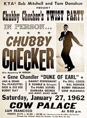 Concert poster for Chubby Checker and other artists performing at San Francisco’s Cow Palace, January 1962.