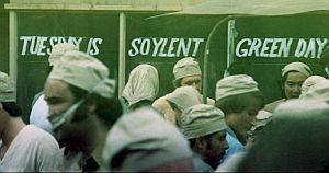 "Tuesday is Soylent Green Day," the day small food wafers made from ocean plankton are distributed to the masses.