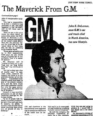 Clip from October 28th, 1973 New York Times story  & interview with John DeLorean by reporter Robert Irvin.