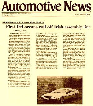 March 2, 1981. Automotive News reporting on the first DMCs produced in Ireland.