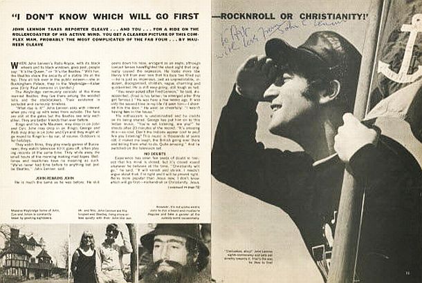 Two-page layout of the September 1966 “DateBook” magazine article on John Lennon (from the March 1966 London Evening Standard) using the headline, “I Don’t Know Which Will Go First – Rock `n Roll Or Christianity”.