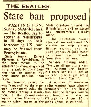 August 1966. AAP-Reuter wire story about Pennsylvania legislator who sought to ban Beatles music and performances in the state via a proposed resolution.