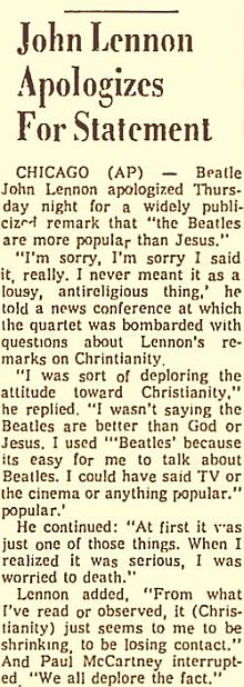 Associated Press wire story reporting on John Lennon’s August 11, 1966 apology.