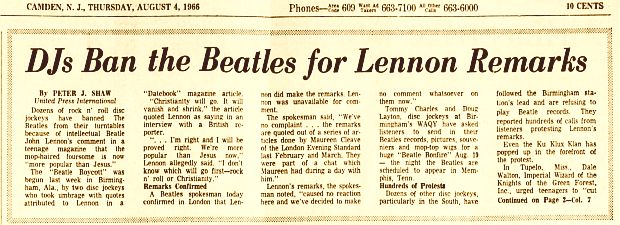 August 4th, 1966: United Press International story on Beatles radio ban, appearing in a Camden, New Jersey newspaper with headline, "DJs Ban The Beatles for Lennon Remarks."