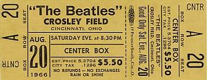 Ticket for Beatles' August 1966 concert, Cincinnati, Ohio.