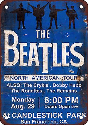 Poster image advertising Beatles’ August 29th, 1966 concert at San Francisco’s Candlestick Park. Click for tin wall poster.