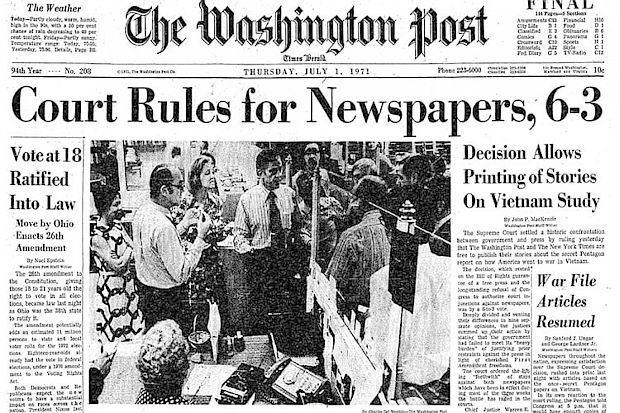 July 1, 1971.  Washington Post front page following U.S. Supreme Court decision upholding the right of the press to publish secret Pentagon Papers. Photo shows Post owner Katharine Graham, editor, Ben Bradlee, and Post reporters in Post’s newsroom receiving and celebrating the court’s decision.