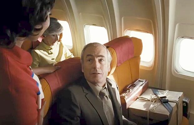 Scene from 2017-18 film, “The Post,” showing Ben Bagdikian of The Washington Post (played by Bob Odenkirk ), flying back to Washington after obtaining copies of the 7,000-page “Pentagon Papers” from Daniel Ellsberg in Boston. “Must be precious cargo,” observes flight attendant of his seat companion; “only government secrets” he assures her. Click for 'The Post' DVD.