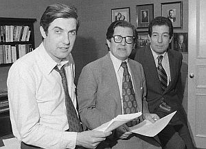 New York Times team that won 1972 Pulitzer Prize for public service for publication of the Pentagon Papers; from left, reporter Neil Sheehan, managing editor A.M. Rosenthal, foreign news editor James L. Greenfield & others. AP photo