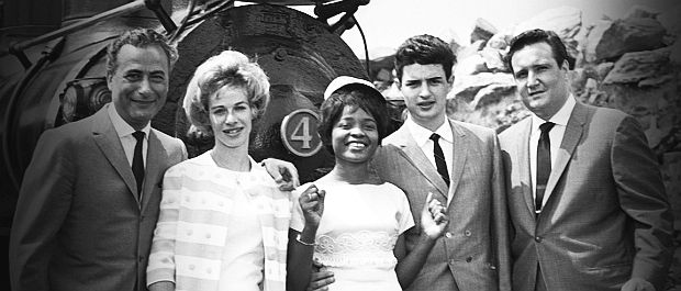 Later 1963 photo for the hit song, “The Loco-Motion,” from left: Aldon Music producer Al Nevins; composer, Carole King,; singer, Little Eva Boyd; songwriter, Gerry Goffin; and Aldon Music producer, Don Kirshner. Click to visit 'Loco-Motion' story.