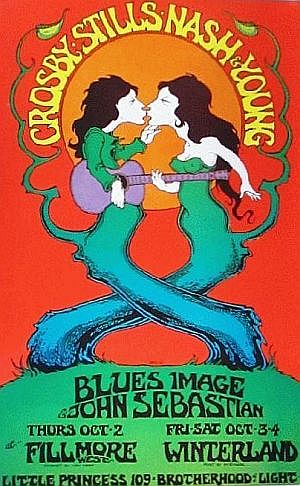 Poster with Crosby, Stills, Nash & Young at top of the bill for October 1969 rock concerts at San Francisco venues.