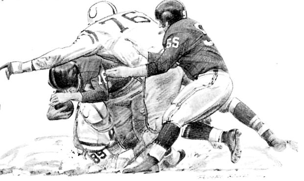 Sports Illustrated artists’ rendition of key 4th quarter play from 1958 Championship game when Colt’s Gino Marchetti (89) makes tackle of Giant’s Frank Gifford (16), as Colt’s Big Daddy Lipscomb (76) joins in, when the tibia and fibula bones in Marchetti's lower right leg were broken, afterwhich officials made a controversial spot of Gifford’s advance just short of a first down.
