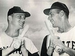 At a 1961 spring training game, Groat continued to get head- liner treatment, here with NY Yankee slugger Roger Maris.
