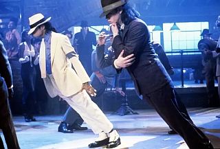 Jackson and dancers doing anti-gravity lean in “Smooth Criminal” video, also used in the 1988 Jackson film, “Moonwalker”.