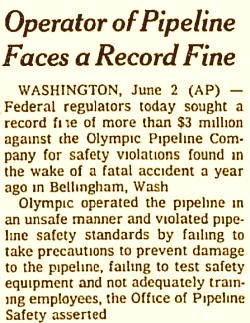 June 3, 2000. Portion of New York Times story on Office of Pipeline Safety report & proposed fine.