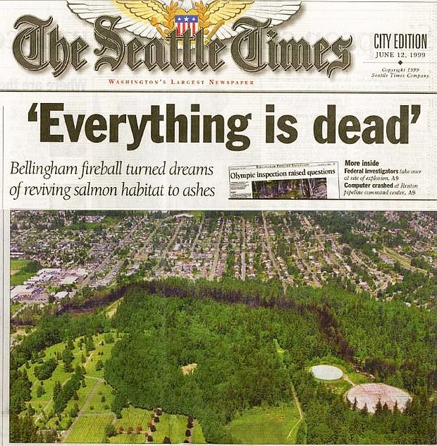 June 12, 1999 front-page headline of The Seattle Times exclaims, “Everything is Dead,” referring to the devastation along a charred Whatcom Creek following Olympic Pipeline explosion & fireball that killed 3 boys. Aerial photo shows scorched path of fireball route along creek & through park. Top inset also shows headline of inside story, “Olympic Inspection Raised Questions.”
