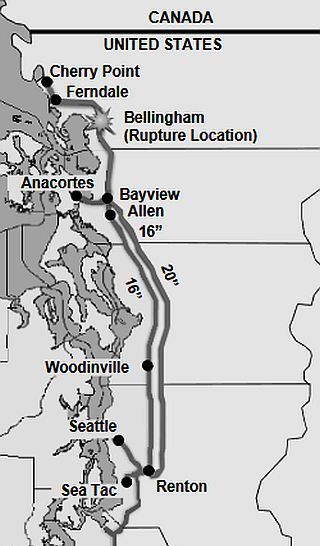 Map showing pipeline routes, where explosion occurred at Bellingham, as well as refinery locations at Cherry Point and Anacortes, pumping locations, and delivery locations.