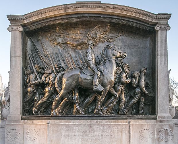 2020 National Park Service photo of The Shaw Memorial at Boston Common. Actual setting includes a larger plaza not shown. The bas-relief sculpture is 11' x 14' and its subject figures are nearly life size. See photos below for more detail. 