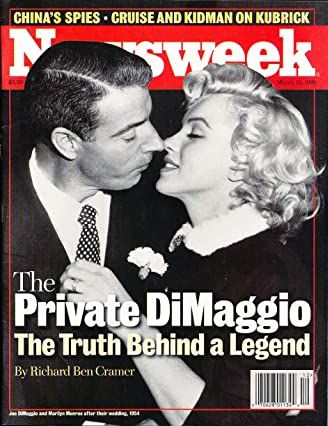 March 22, 1999. Newsweek cover story showing 1954 Joe DiMaggio / Marilyn Monroe wedding scene. Published shortly after DiMaggio’s death, it illustrates long-lived media interest & popular appeal of the “Joe & Marilyn” saga. Click for copy.