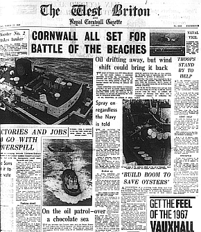 “The West Briton & Royal Cornwall Gazette” of March 21, 1967 offered front-page stories on the spill.