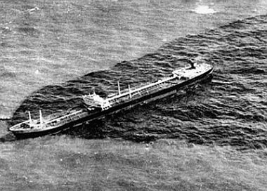 March 1967. Torrey Canyon, run aground on reef, leaking oil off SW England.