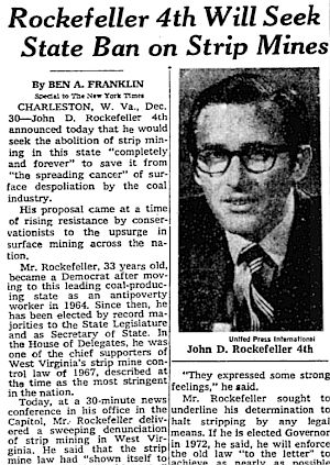 Dec 30, 1970 NY Times story on John D. Rockefeller’s call to abolish strip mining in West Virginia.