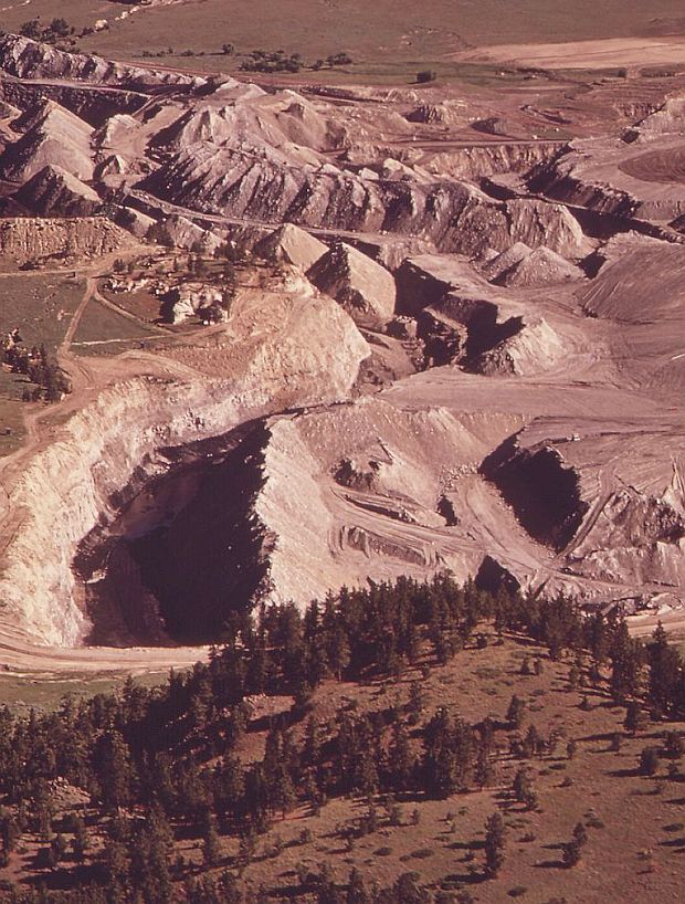 Large scale strip mining had begun at Colstrip, Montana in the late 1960s. This EPA photo shows a Peabody Coal Company strip mine operation, and aftereffects, at Colstrip in 1973.