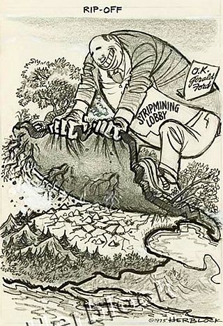 June 1, 1975. Washington Post / Herblock cartoon, “Rip-Off,” with pointed message about strip mining lobby in Congress during legislative battle to enact strip mining controls.